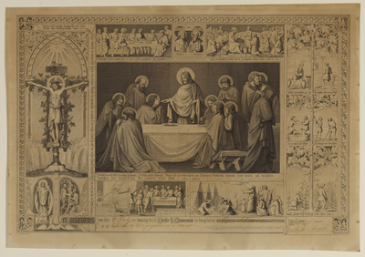 32816 Afbeelding van het laatste avondmaal met randvoorstellingen van bijbelse verhalen. Herinneringsprent ter ...